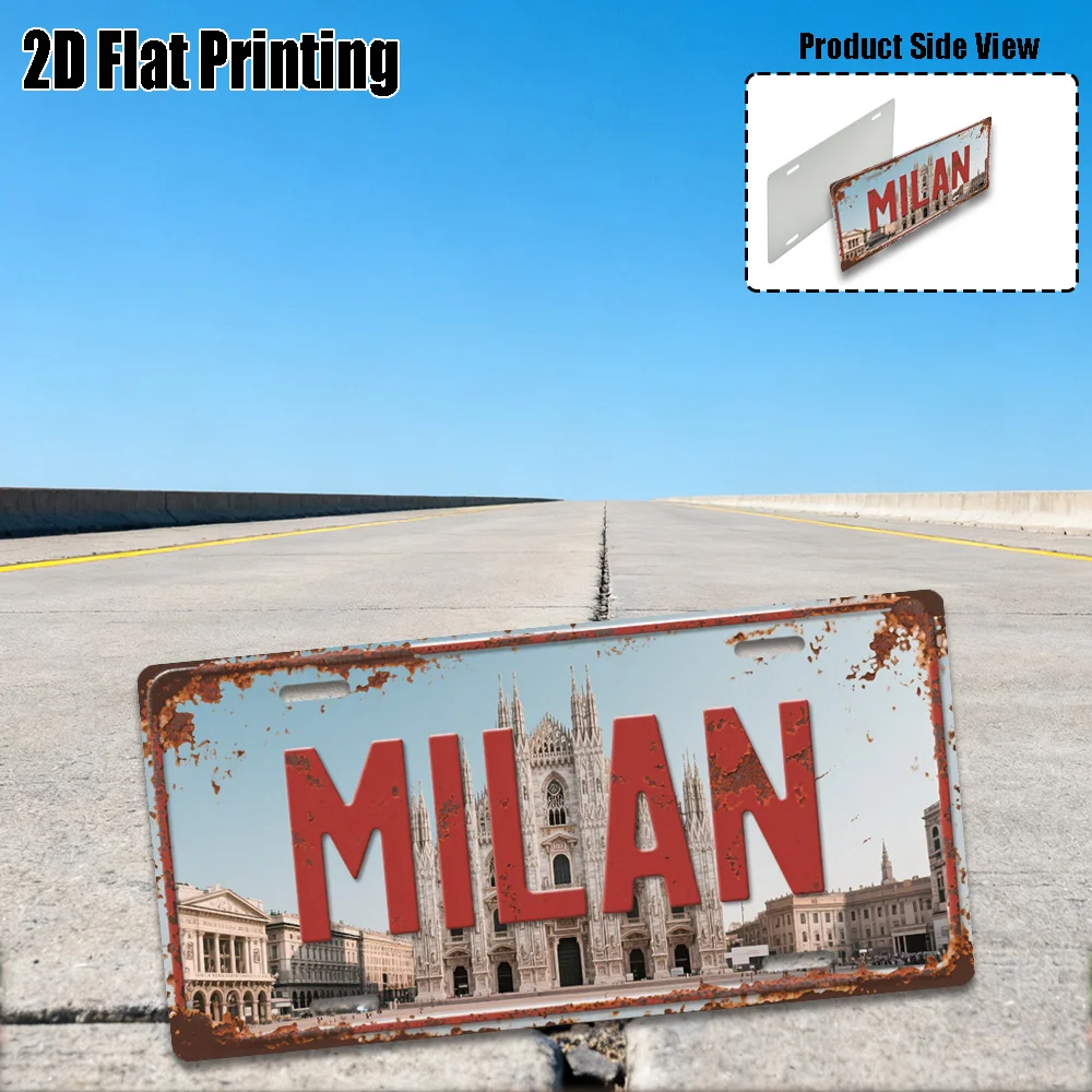 2D flat License Plate Cover and Frame with a Milan, Italy Vintage Design. This Large Metal Wall Decor Measures,Showcasing the