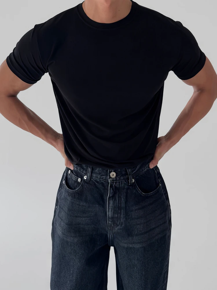 

Fitn Sport round Ne ort Sve T-irt Men's Summer Tight Fit Simple Muscle Elastic Top Casual Sle Basic Color