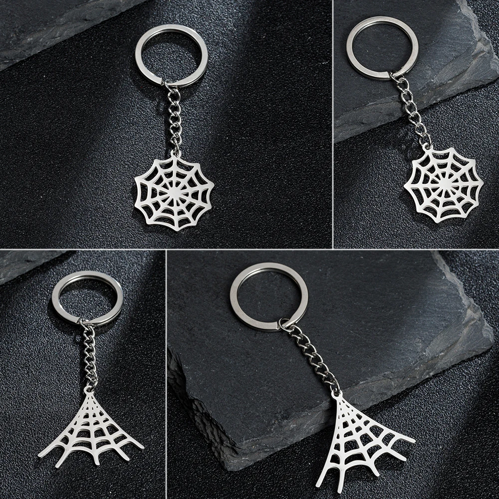 Shuangshuo Stainless Steel Keychain For Women Men Gothic Spider Web Keyring Pendant Jewelry Halloween Gift Key Chain