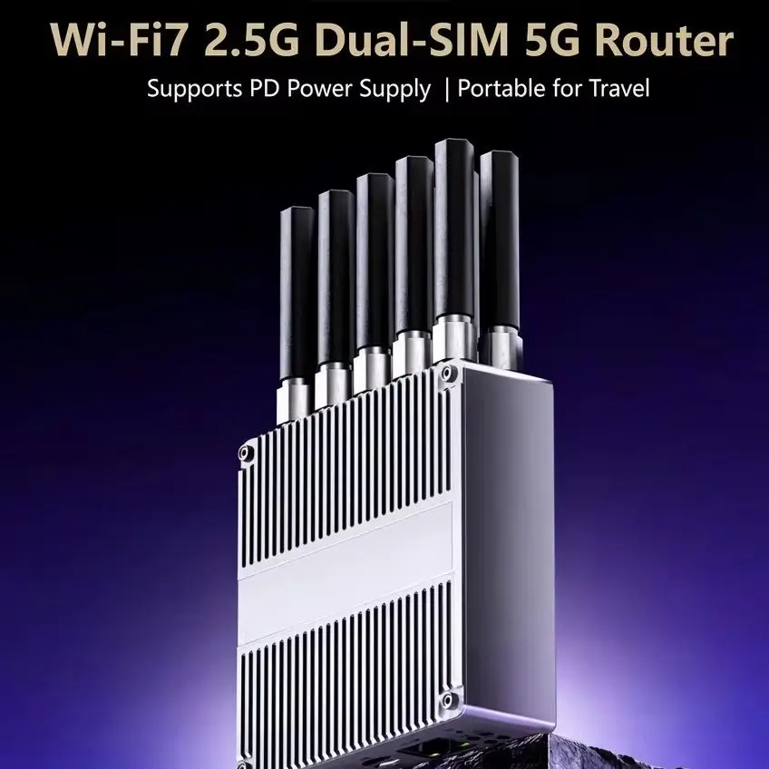 MTK T830 5G Router WiFi7 BE5000 Dual SIM 4CA 2.5G Port 4GB+32GB OpenWrt Aluminum Alloy Portable 5G CPE with 10 Antennas Type-C