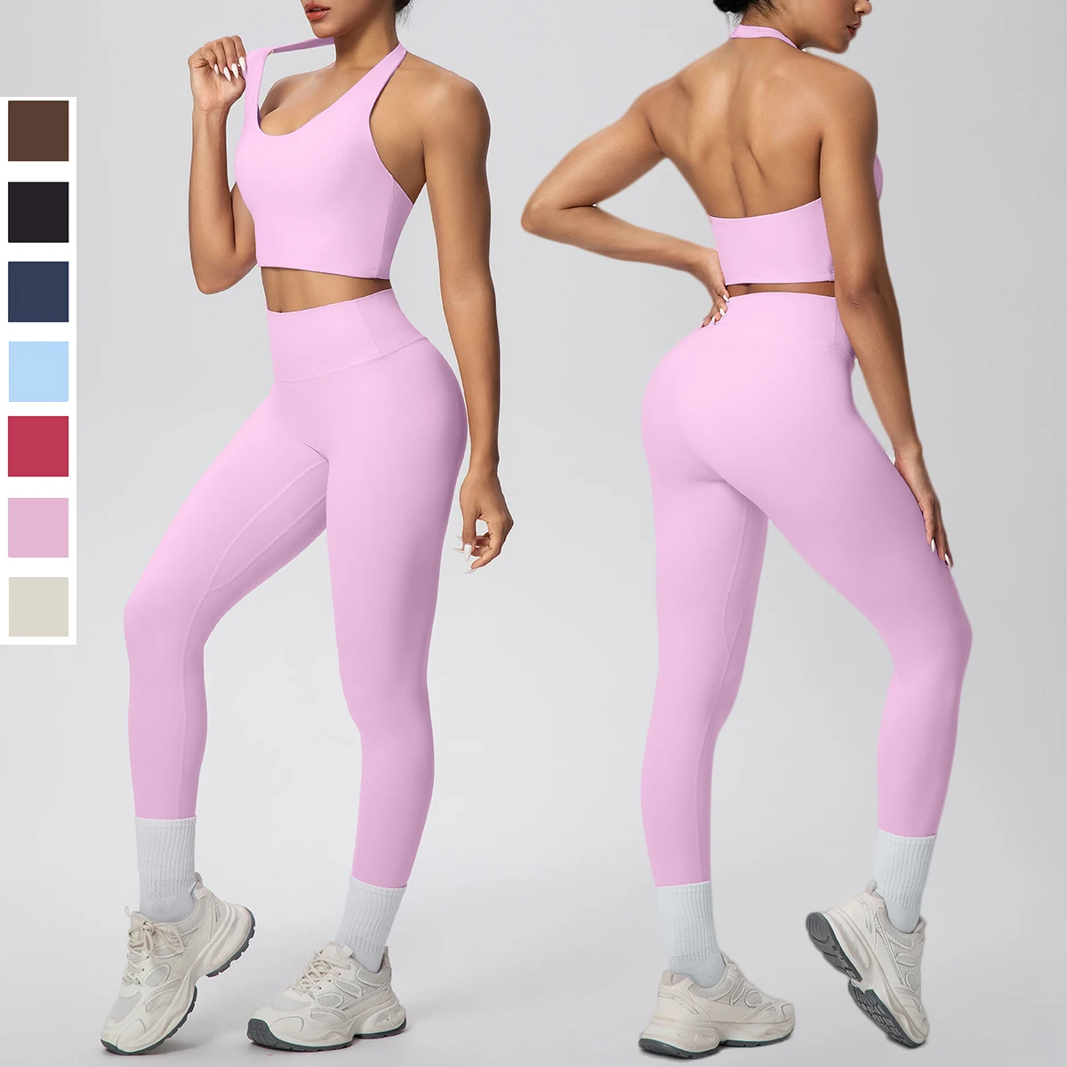 

2PCS Woman Backless Solid Color Hanging Neck Bra Pants Yoga Set High Waisted Peach Buttocks Fitness Pants Gym Sports Yoga Set