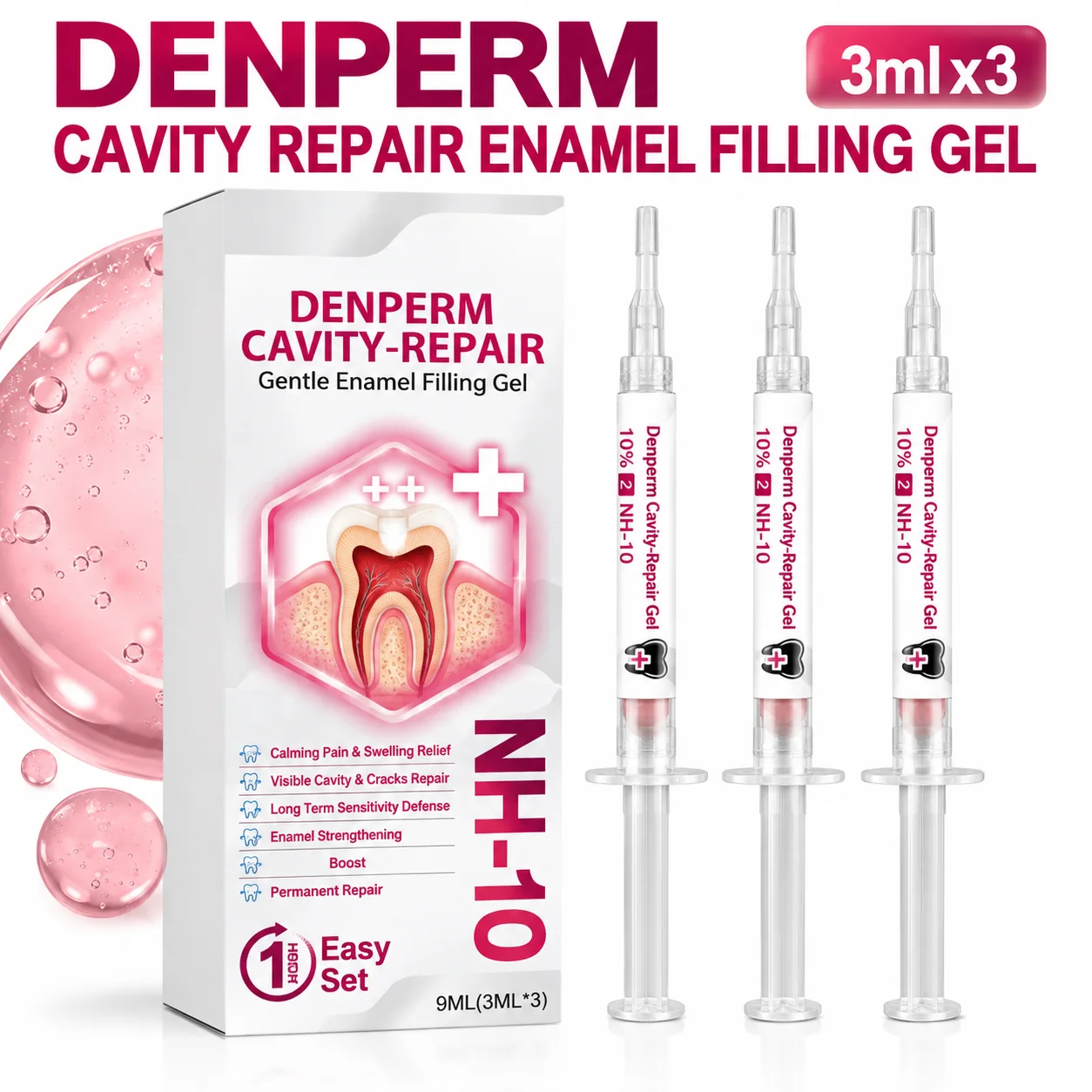 DENPERM NH-10 Cavity Repair Enamel Filling Gel 3ml x 3 Syringes Relieve Sore Teeth Protection Oral Care Gel for Adults Home