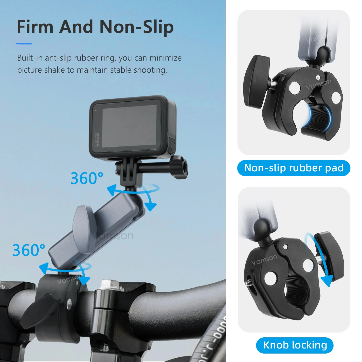 Vamson Tempat Kamera Sepeda Motor dengan Tripod Tongkat Selfie Aluminium untuk Aksesori Motor GoPro Insta360 One RS One X2