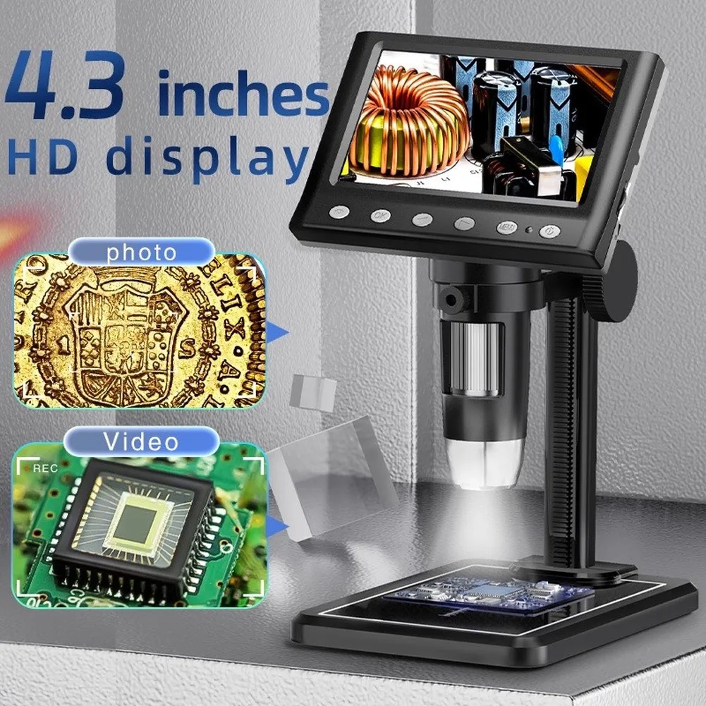 Digital Microscope for Hobbyist and Technician Use 4.3 inch 1080P Screen 50X-1000X Zoom 8 LED Lights USB PC Connection Slot