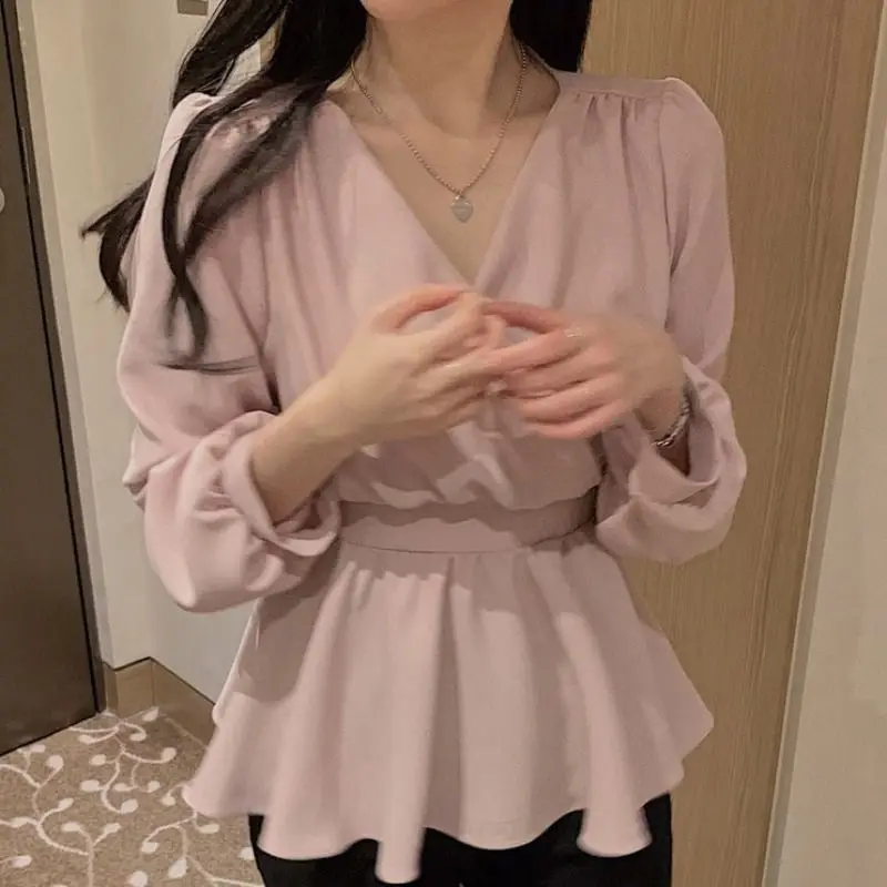 Women\'s Chiffon Shirt 2022 Early Spring New Elegant V-neck Super Fairy Sweet Temperament Waist-Controlled Lace-up Long Sleeve Sh