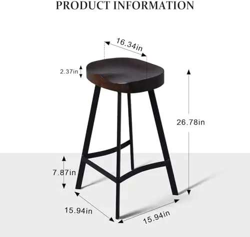 Industrial Counter Height Kitchen Stool, Backless Banquetas de jantar, Metal e Madeira, Empilhável, Totalmente W, Conjunto de 2, 26,77"