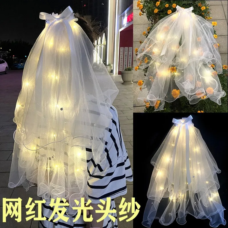 Glow Pearl Short Tulle Wedding Veils Two Layer With Comb Led White Bow Bridal Veil for Bride for Marriage Hair Accessorie