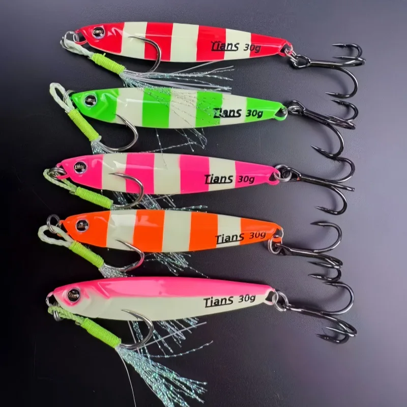 5 Stück Nachtlicht-Metall-Jig, Tiefsee-Angelköder, 25/30/40 g, zum Werfen und Jiggen, künstlicher Köder für Thunfisch, Forelle, Salzwasser und Süßwasser. – Detail 6