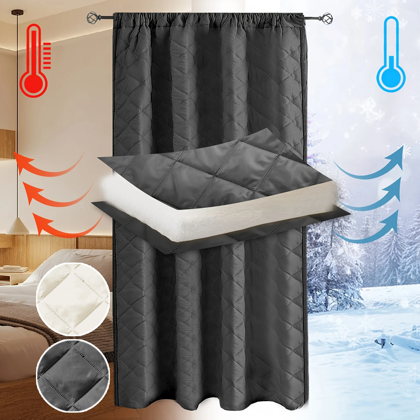 Quilted Blackout Curtains Heavy Duty Noise Reducing Thermal Insulated Drapes Liner Anti-cold Rod Pocket for Living Room Bedroom