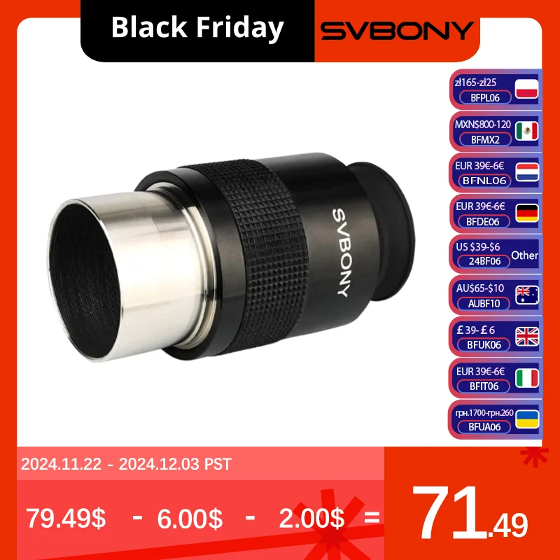 SVBONY SV136 Telescope Eyepiece 2 Inch 34mm 72° FMC Aspheric Achromatic Lens Eyepiece for Astronomy Skydiving Photography