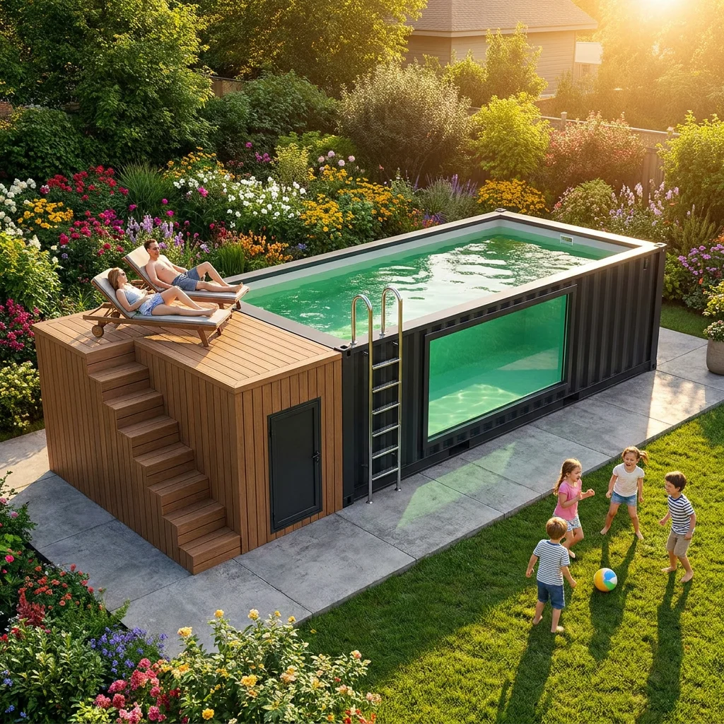 Large Capacity 20ft 30ft 40ft Above Ground Container Pool With Viewing Window Built In Filter Heater Pump Step Ladder