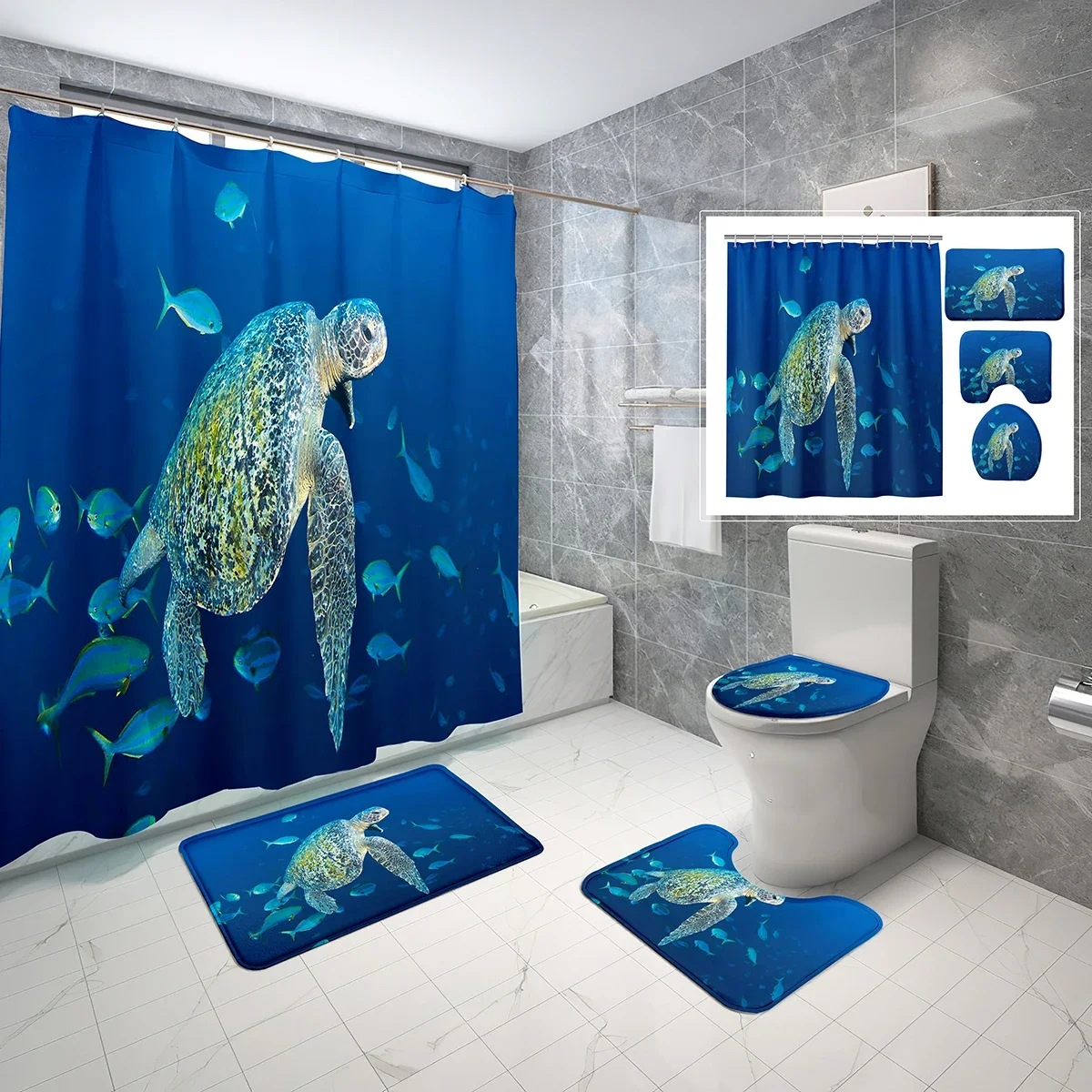 

4 Pcs Shower Curtain Set Blue Sea Swimming Sea Turtle Shower Curtain Bathroom Non-Slip Bath Mat Toilet Cover Shower Curtain Set