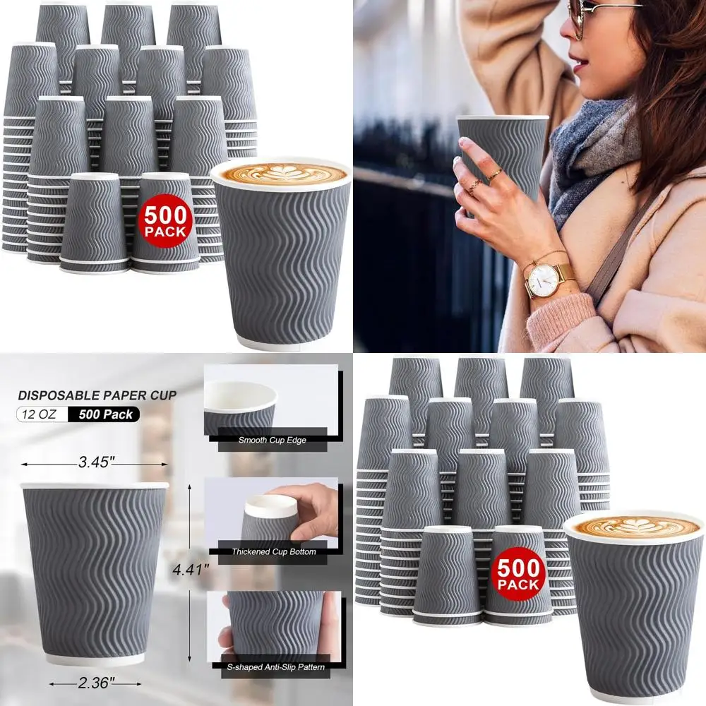 

12 oz Disposable Insulated Paper Coffee Cups, Bulk Pack, No Lids, Grey Ripple Wall Design for Hot Drinks
