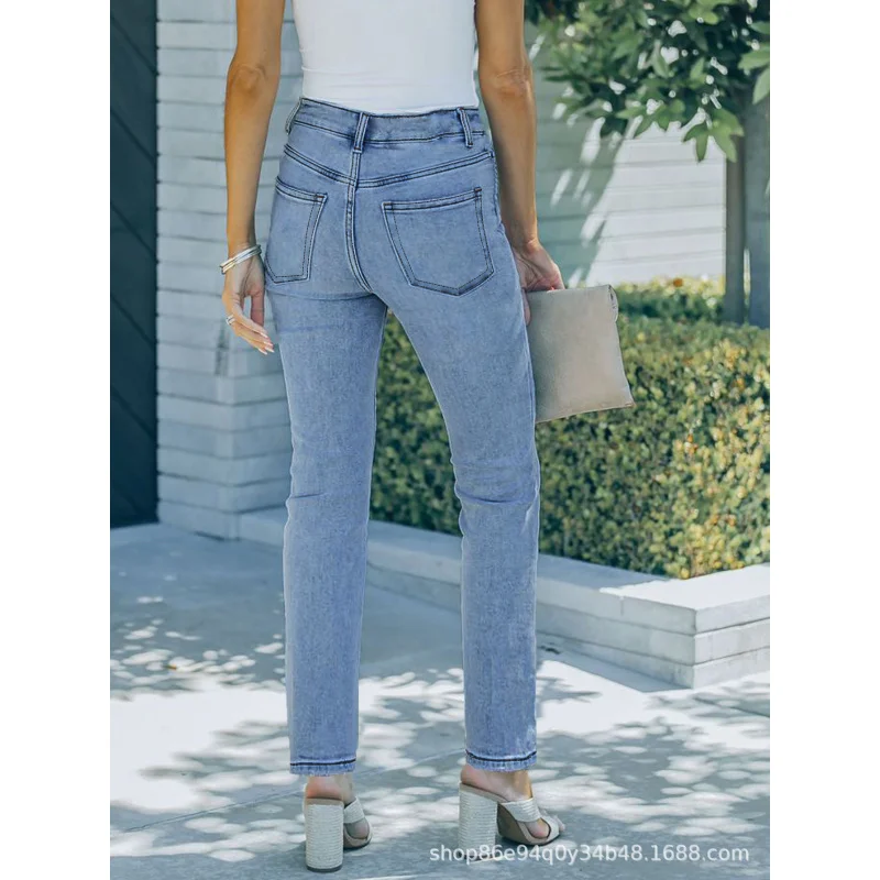 Cross-Border European and American Light Blue Stretch Denim Straight-Leg Pants Cigarette PantsTEMUAmazonSHEINForeign Trade Facto