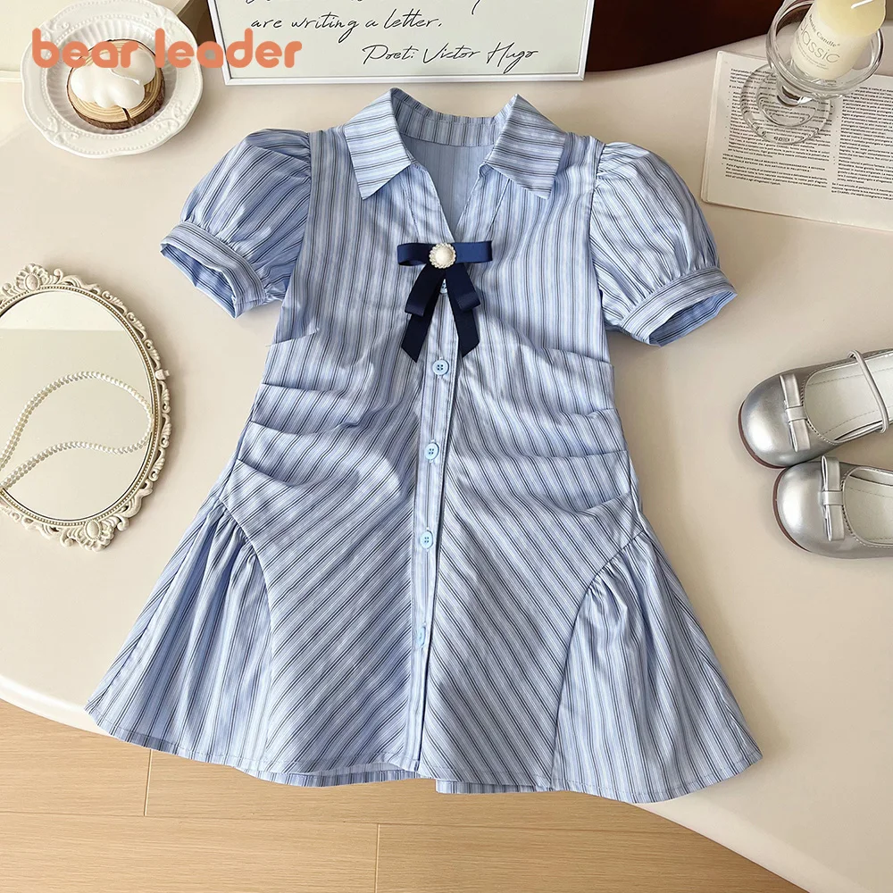 Bear Leader Korean Version Striped Girls Dresses Summer Casual Blue Short Sleeved Kids Clothes Bow Decoration Lapel Shirt Dress