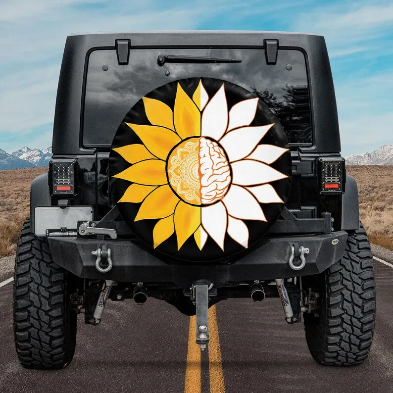 Sunshine Brain Mandala Spare Tire Cover Camper, Sunflower Spare Tire Cover, Personalized Gift For Car Lover, Car Accessories