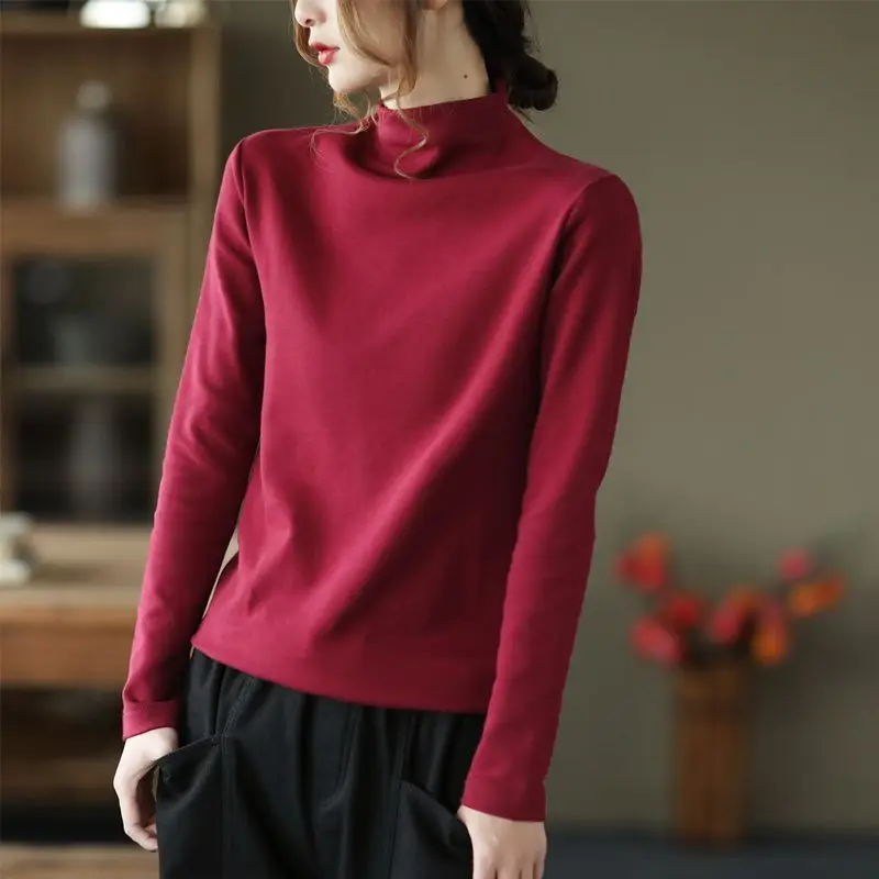 Temperament Commuter Women's Top 2023 Autumn and Winter New Half High Neck Long Sleeve Simplicity Solid Color Versatile Pullover