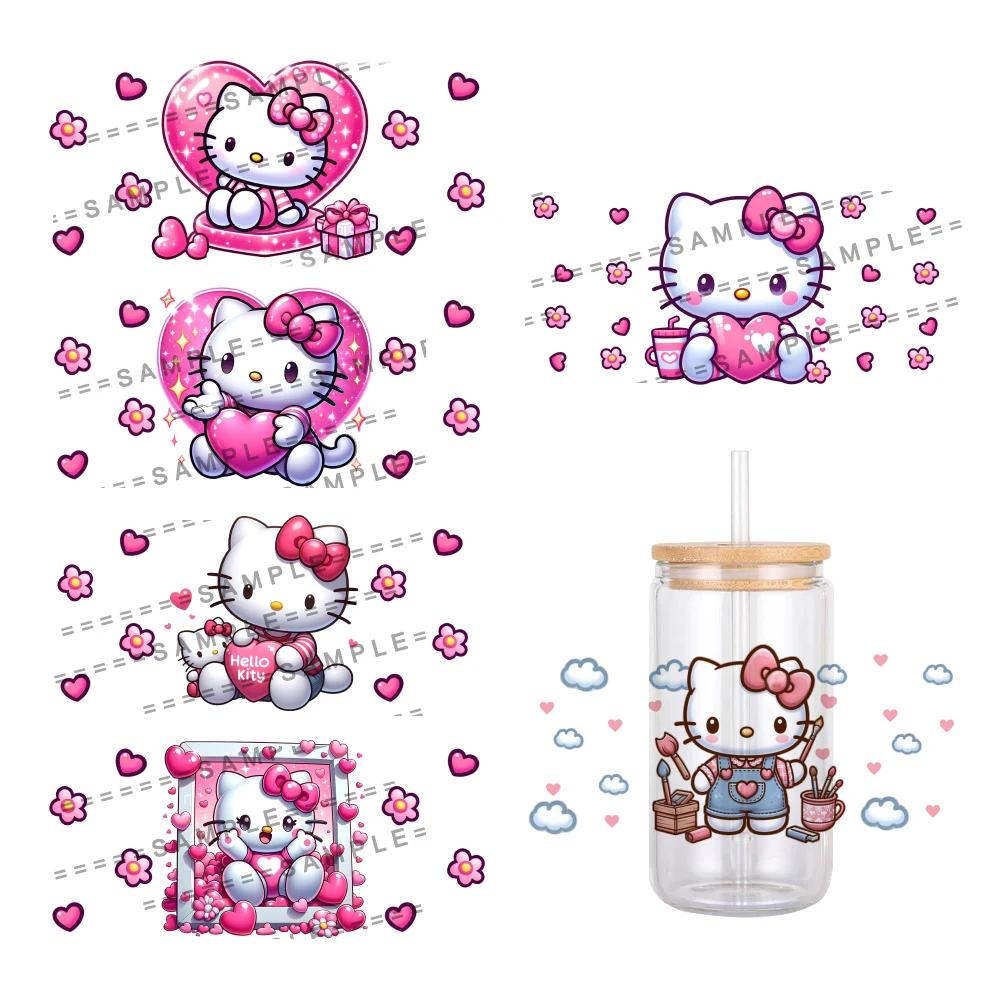 11x24cm Cute Hello Kitty For Libbey 16oz Can Glass 3D Waterproof UV DTF Coffee Can Wrap Libbey Glass Wrap