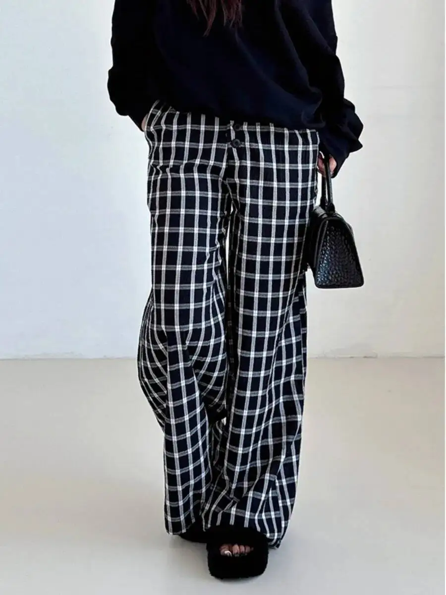 

Однобортные широкие брюки с высокой талией в американском стиле для девочек, женские свободные повседневные универсальные брюки в клетку WYP1