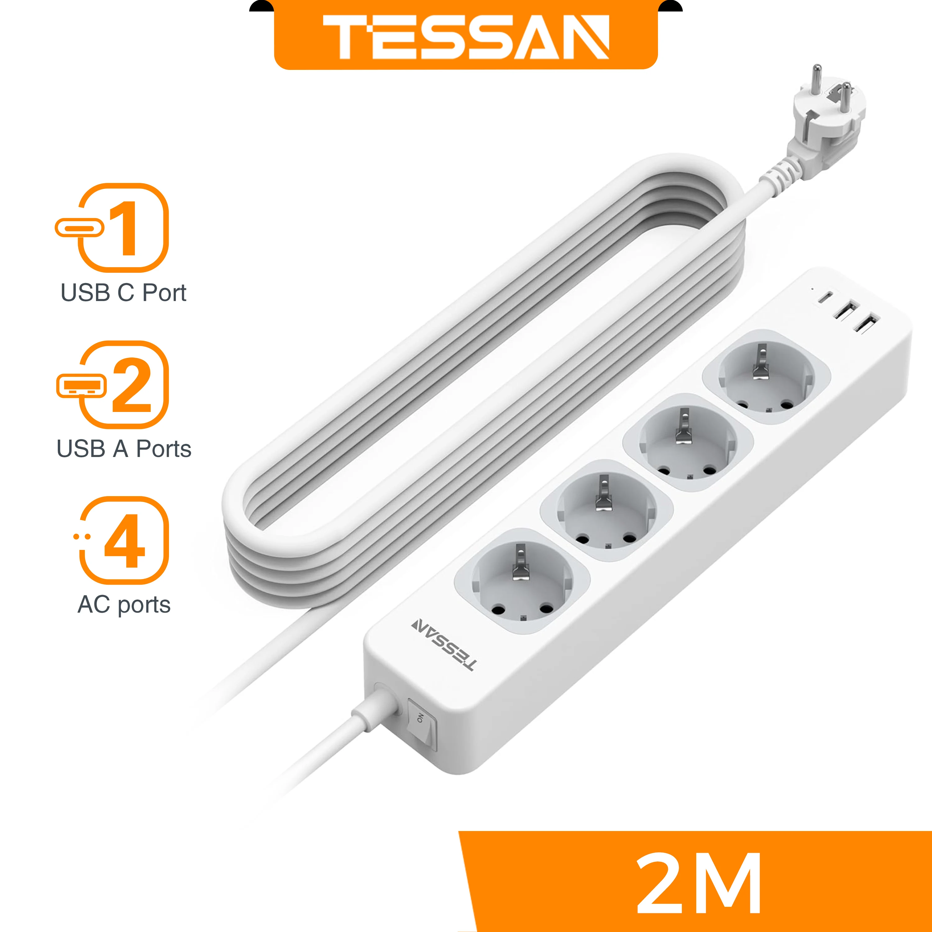 TESSAN Europese Desktop Stekkerdoos met Schakelaar, 6 Stopcontacten, 3 USB Poorten, 3600W EU Multi Stekkerdoos met 2m Kabel voor Thuisgebruik