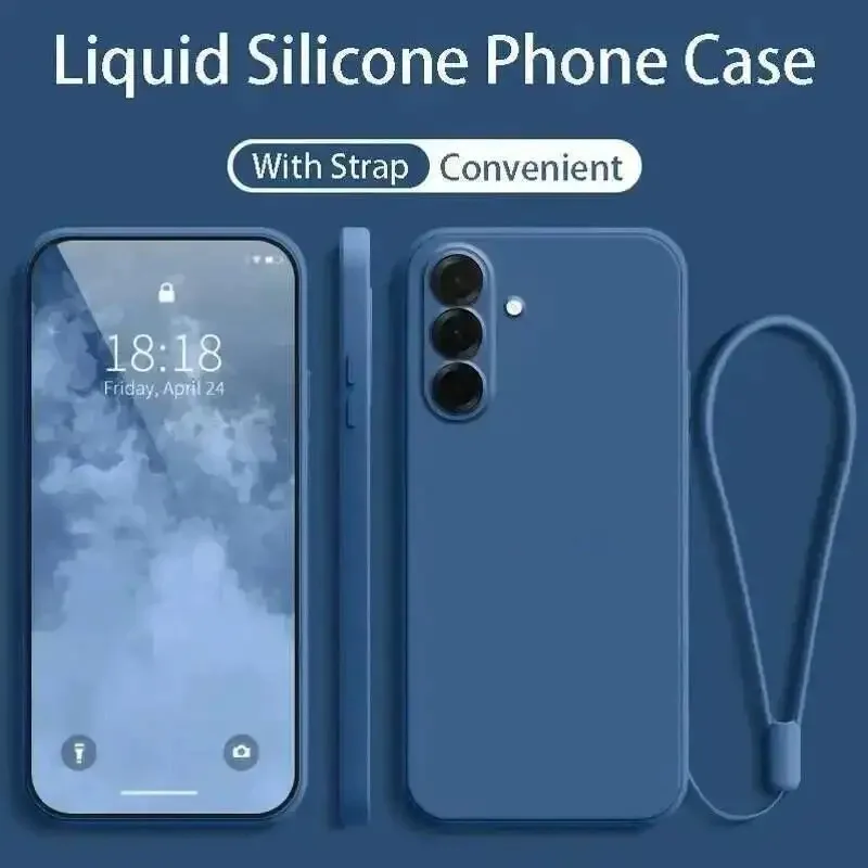 Original Liquid Silicone Phone Case For Samsung Galaxy S25 S24 S23 Ultra Plus S24 FE With Wrist Strap Lanyard Protect Soft Cover