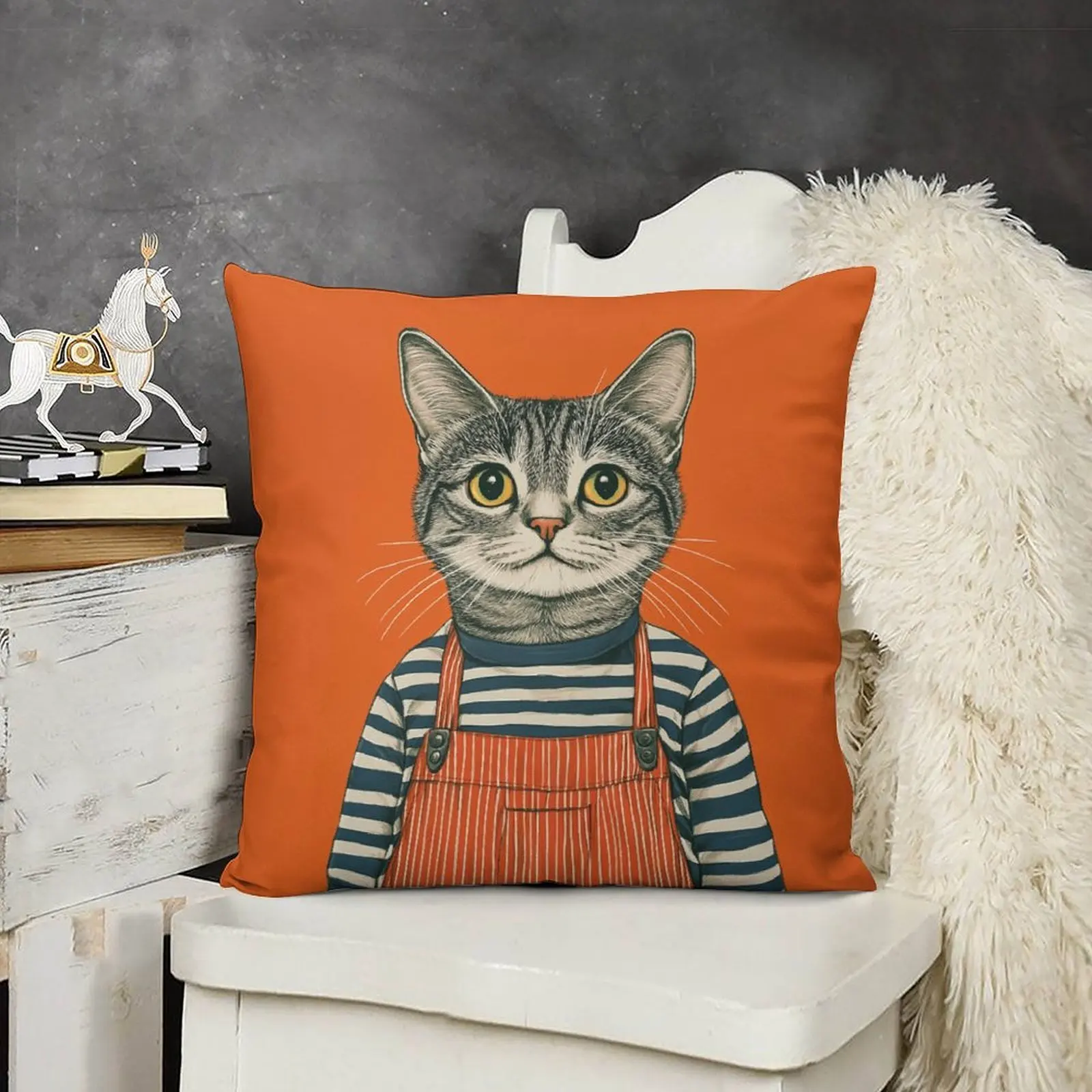1pc Illustrative Anthropomorphic Feline Graphic Pillowcase for Home Decoration Cushion Cover Polyester 45x45cm 18x18in