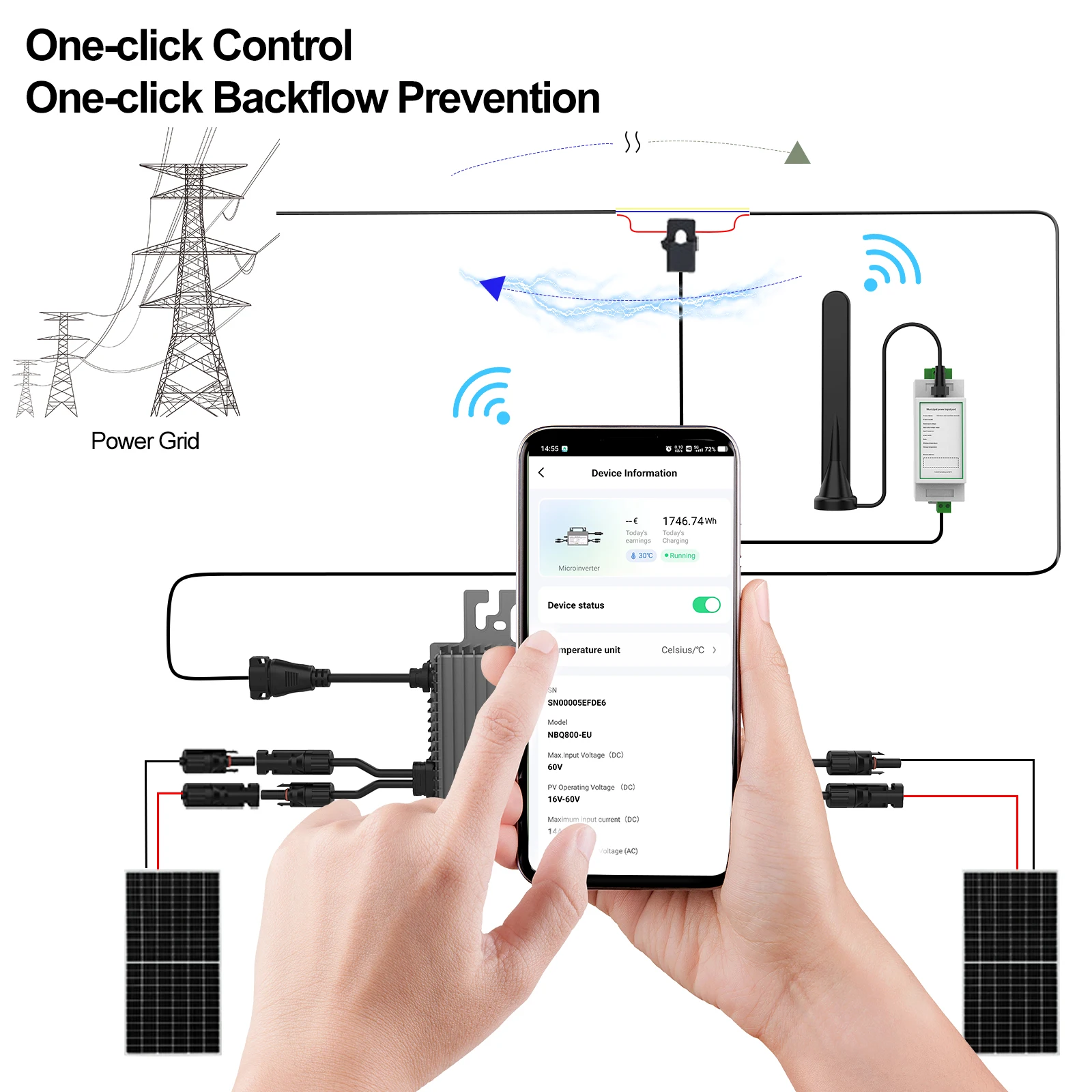 1200W Anti-Rückfluss-Mikro-Wechselrichter, Solar-Wechselrichter mit WLAN, IP67 wasserdicht, Balkon-Kraftwerk, MPPT App-Steuerung Plug & Play – Detail 2