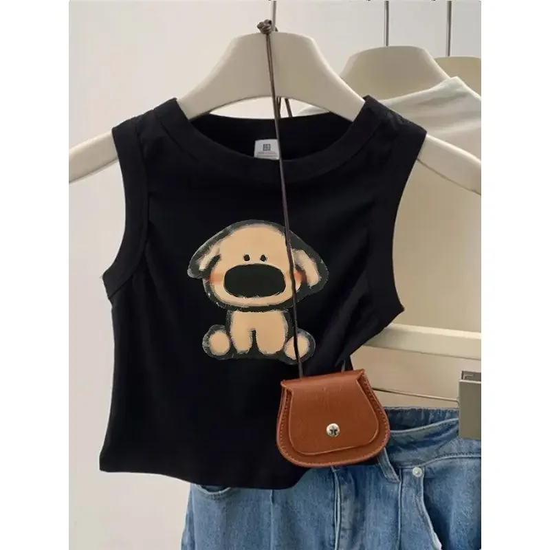 Gilet à bretelles en pur coton bordeaux pour fille épicée, imprimé de dessin animé, petit haut court sans manches pour femmes, nouvelle collection été 2024