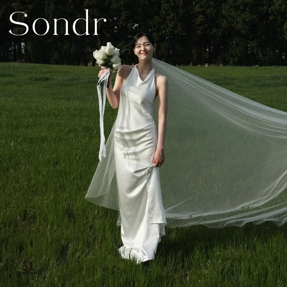 Sondr Customized Elegant Halter Korean Wedding Dresses Photo Shoot Satin Long Simple Sleeveless Bridal Party Dress Evening Gown