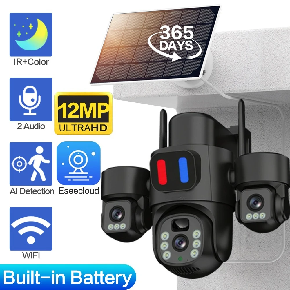 12MP Three Lens Triple Screen WiFi PTZ Security Camera Solar-Powered Outdoor Wireless CCTV Video Surveillance Camera 2 Way Audio