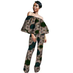 African Fashion Women Pant Sets Naked Shoulder Tops Ankara Print Patch Staight Pants Lady's Ankara Outfits