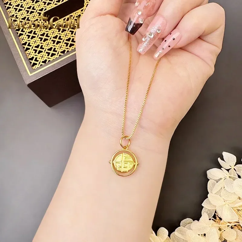 EternaGold Luxury 24K 9999 Pure Gold real gold Women's Fortune Round Brand Necklace Hollow Bracelet
