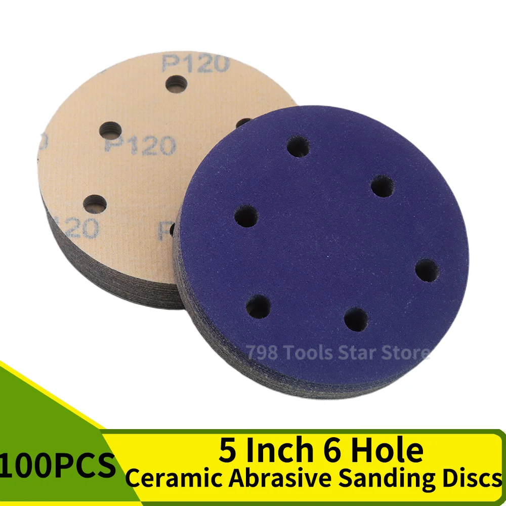 100PCS 5 Inch 6 Hole 125mm Ceramic Abrasive Purple Paper Hook and Loop Sanding Discs 40-2000Grit Dry Sanding for Auto Metal Wood