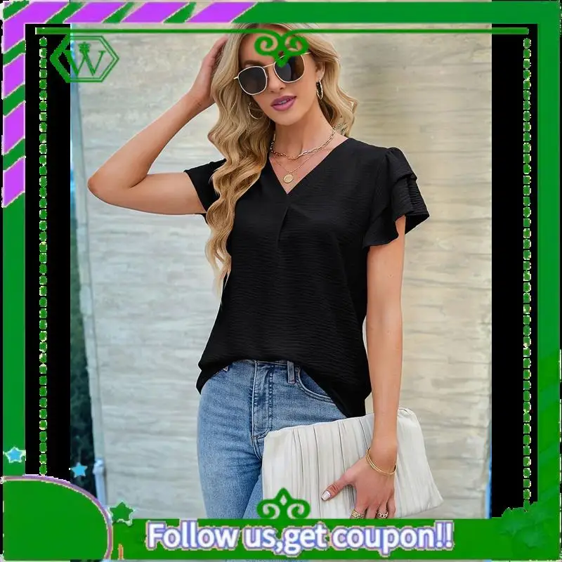 

A18P-Womens Dressy Casual Shirts Short Sleeve V Neck Work Blouse Business Casual Summer Tops 2025