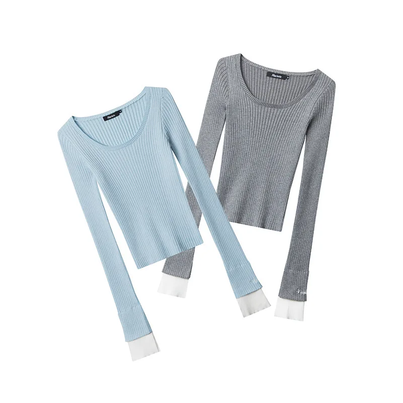 Slim Fit Knit Pullover Women's New Solid Color Casual Simple Style Long Sleeve Square Neck Top