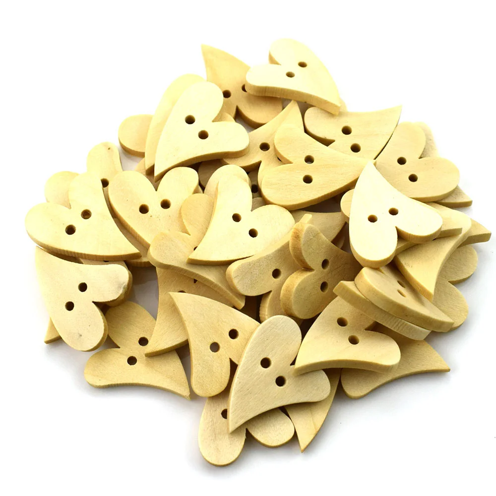 50PCS 20x25mm Wholesale Natural Wooden Buttons Heart Shape Scrapbooking Sewing Accessories DIY Craft 2-Holes Wood Button