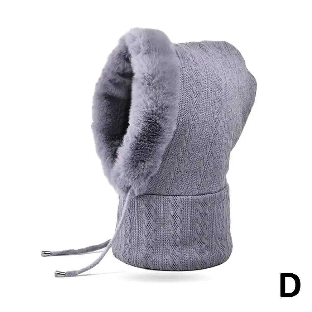 Drawstring Hooded Fleece Beanie Scarf Women's Cashmere Knit Hat with Thicken Scarf and Mask for Winter Warmth Windproof N7H2