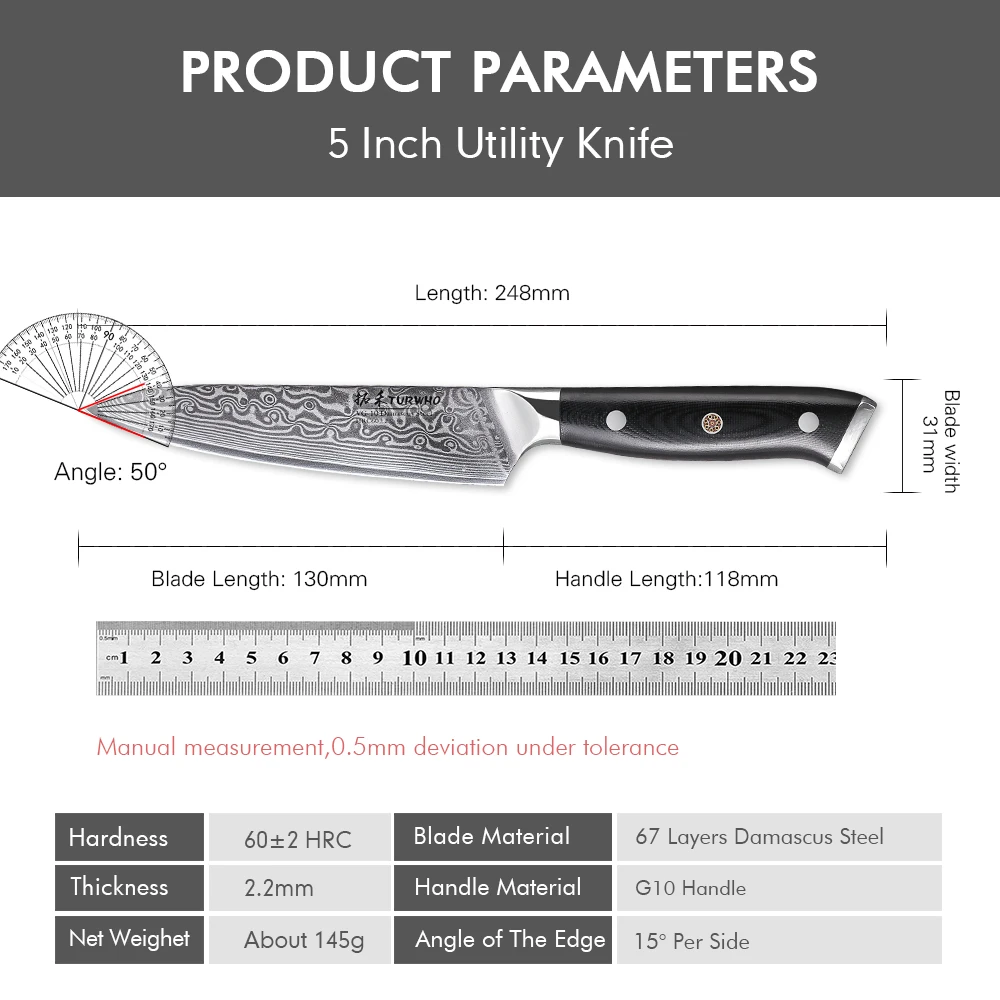TURWHO 5 Inch Kitchen Utility Knife Damascus Steel Professional Chef Knife Peeling Fruit Knife Vegetable Meat Fish Cooking Tools