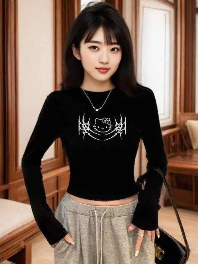 

Sanrio Hello Kitty Girl Футболка с длинными рукавами для похудения Женская облегающая футболка с принтом Осень 2025 года KT Design Base Верхняя одежда Верхний комплект