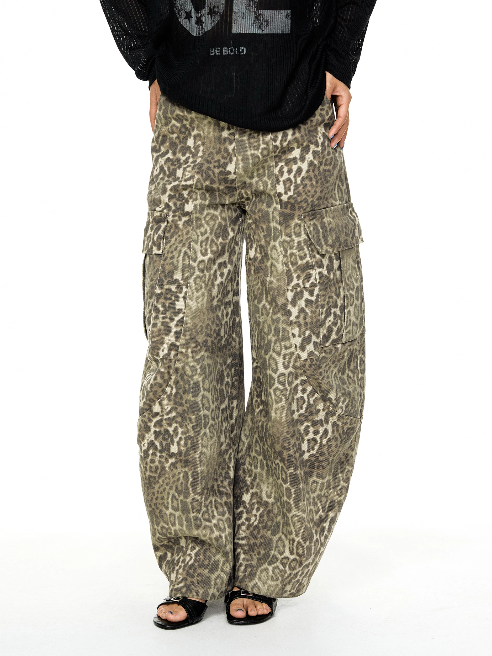 American Retro Workwear Denim Pants Loose Wide Leg Floor-Length Leopard Print Multi-Pocket Casual Summer Trousers