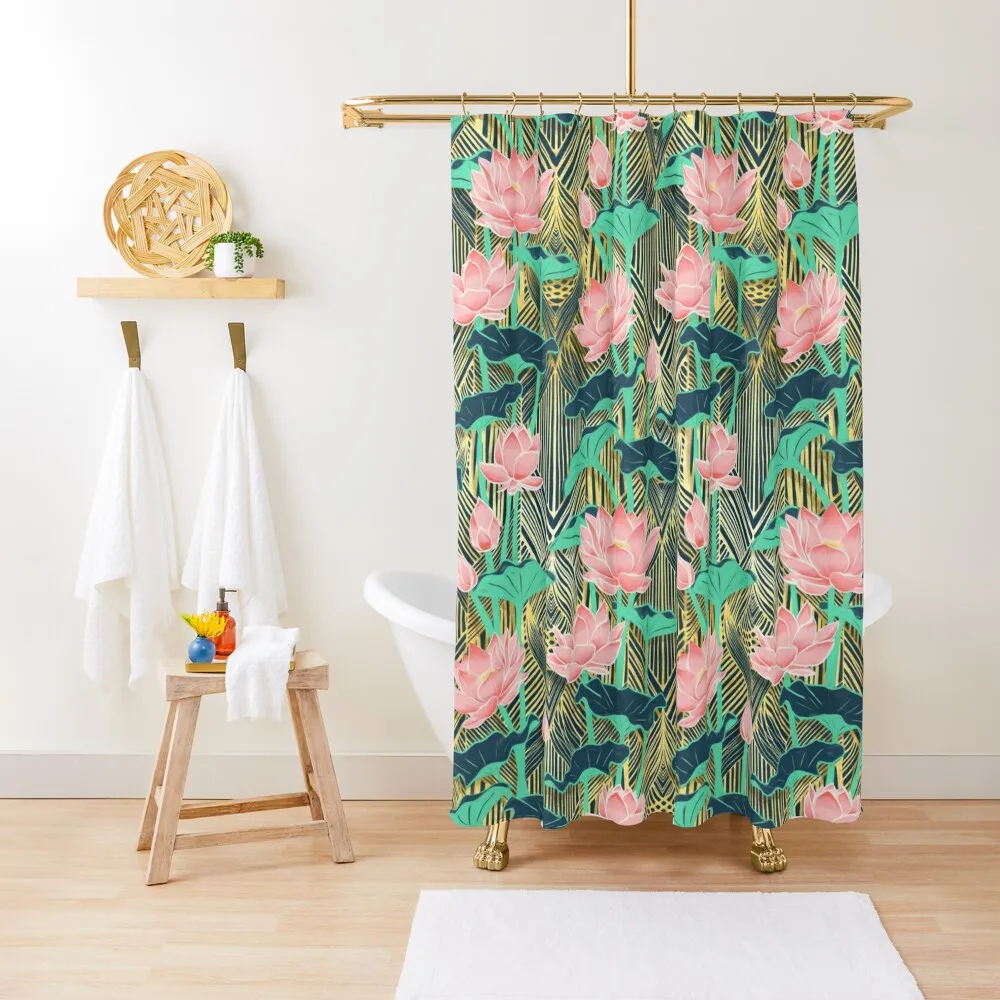 Art Deco Lotus Flowers in Peach & Emerald Shower Curtain Bathroom Fabric In The Bathroom Curtain