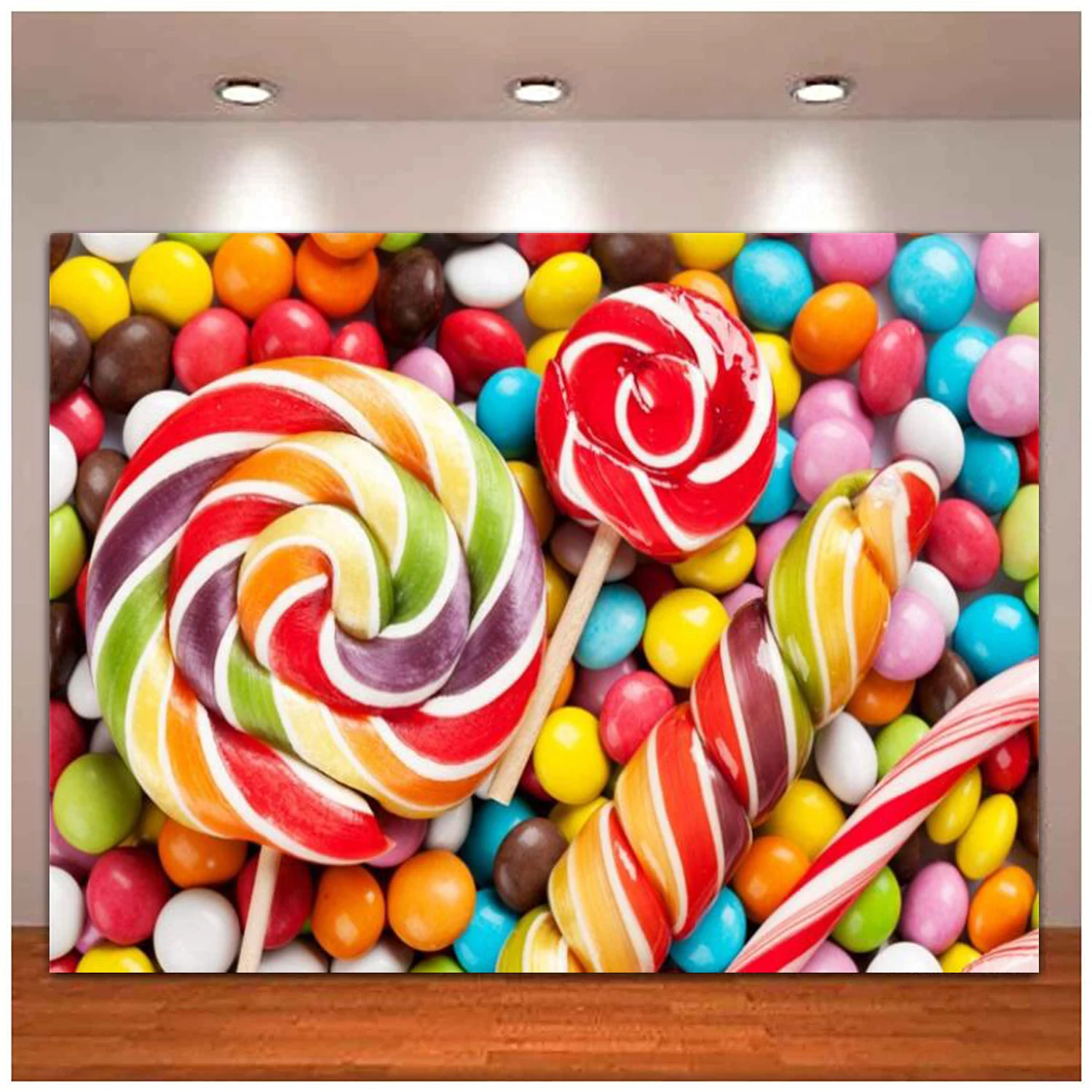 Sweet Colorful Swirl Lollipops Candy Beans Vinyl Background Child Adult Birthday Party Banner Photography Backdrop Decoration