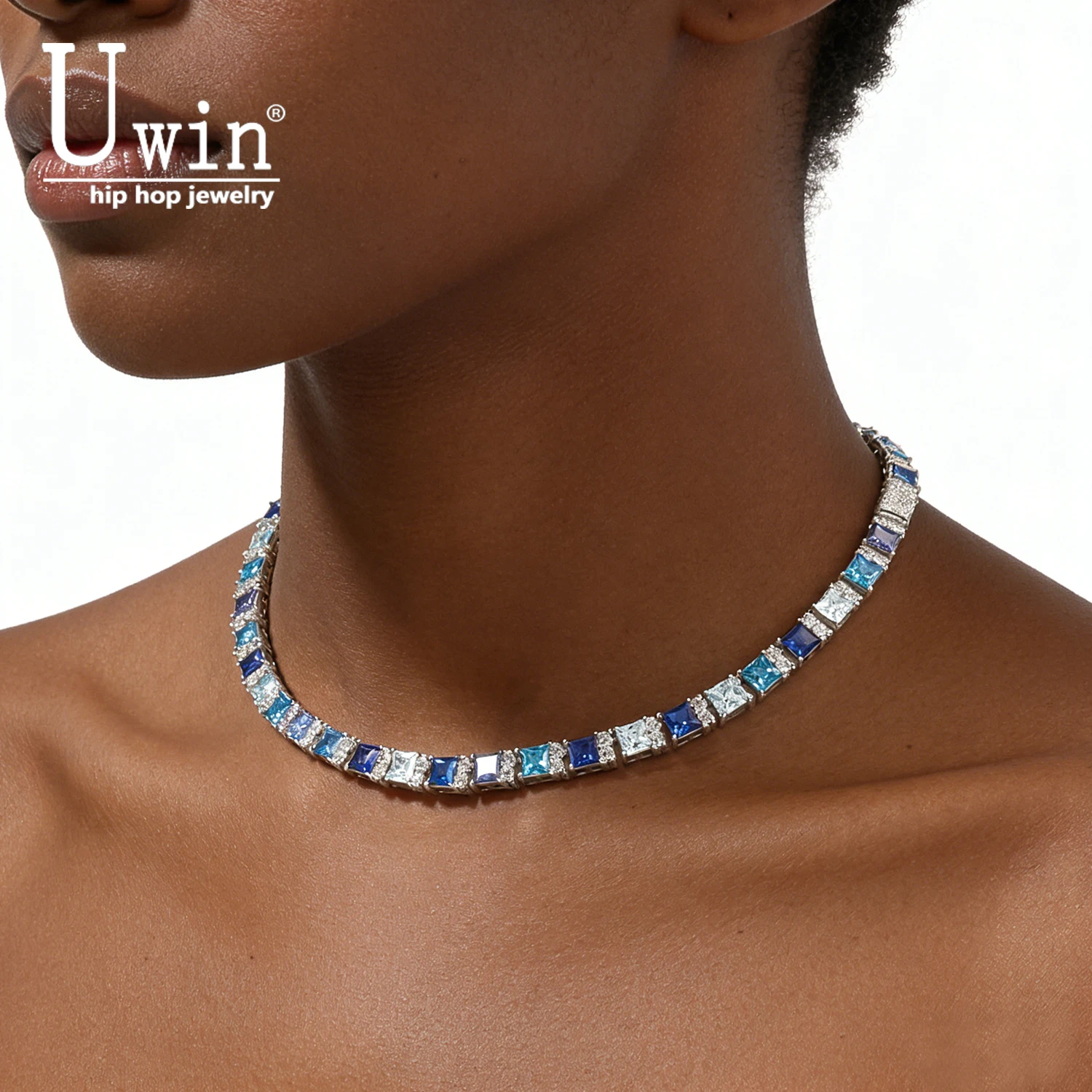 

Колье-чокер Uwin 7,5 мм с квадратными градиентными сине-фиолетовыми фианитами, огранка «принцесса», в стиле хип-хоп, модные украшения для вечеринок и подарков
