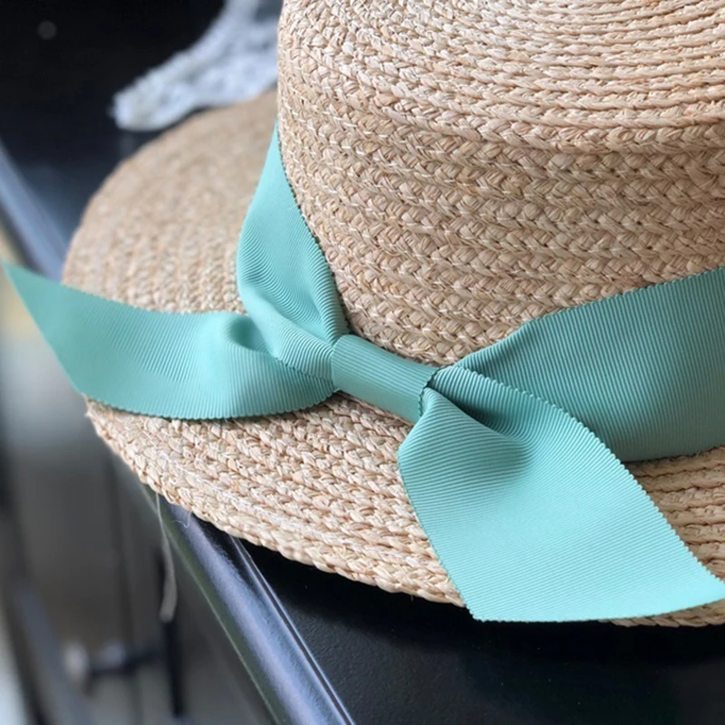 Luna&Dolphin Women Summer French Lace Raffia Straw Hat Green Pink Ribbon Cap Temperament Flat Hepburn Big Eaves Sunhat Vacation