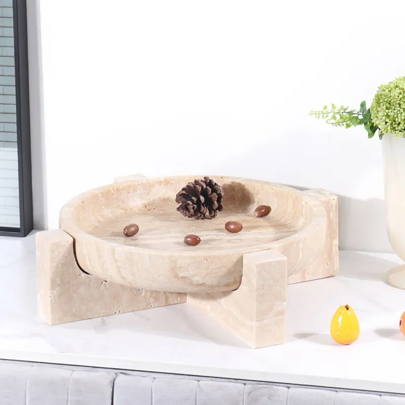 Creative Home Desktop Dried Fruit Snack Storage Tray Natural Marble Yellow Cave Stone Circular Groove Base Inlaid Fruit Plate