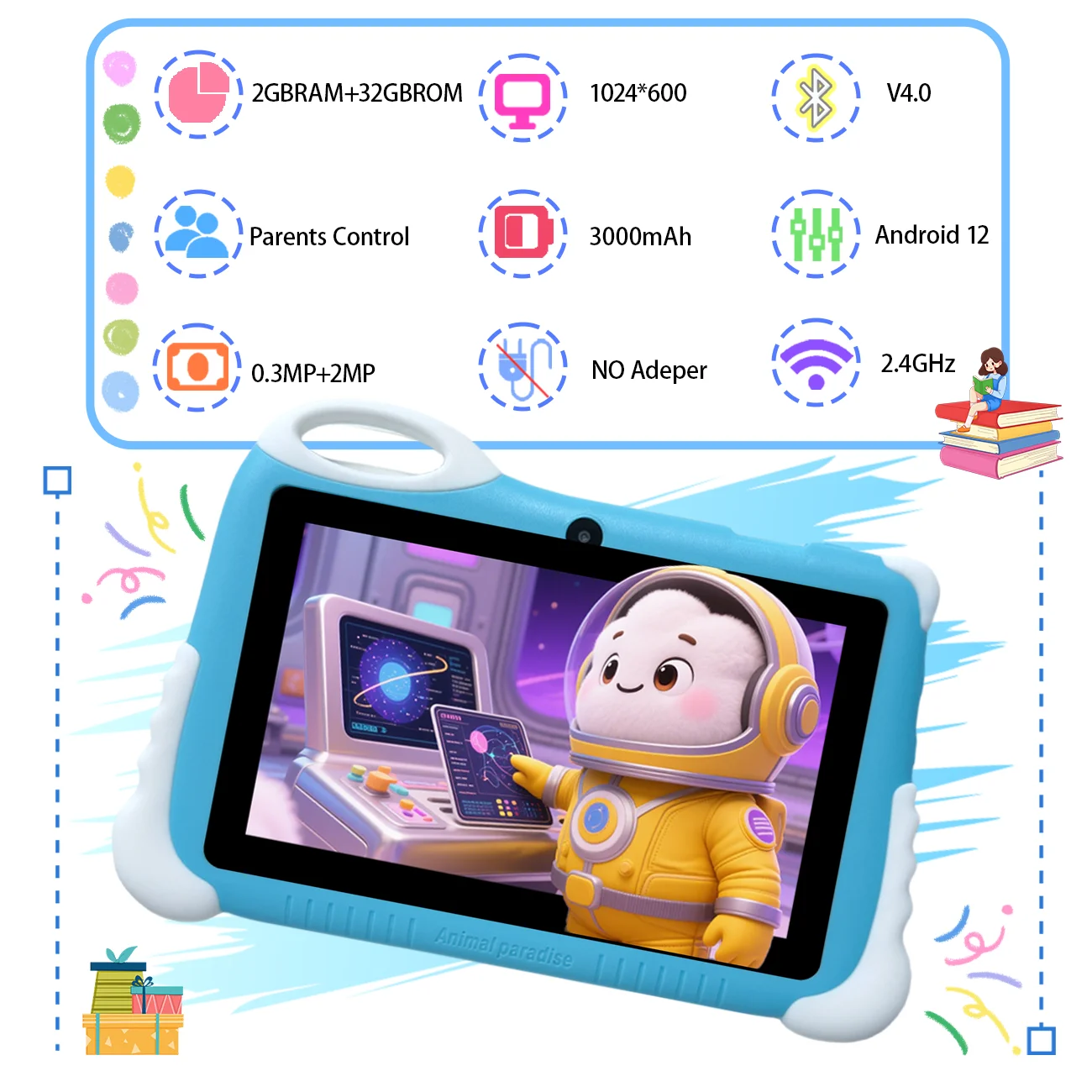 Tablet per bambini da 7,0 pollici Quad Core doppia fotocamera Android Giochi educativi per l'apprendimento Tablet Regali per bambini