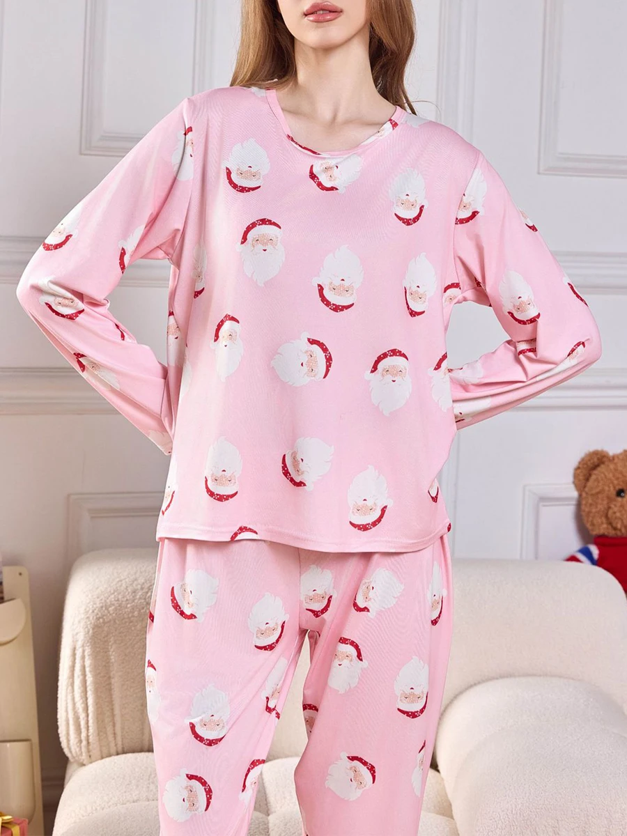 New Christmas Women Pajamas Set Lounge Y2k Cartoon Santa Print Long Sleeve Tops and Pants 2 Piece Loungewear Outfits