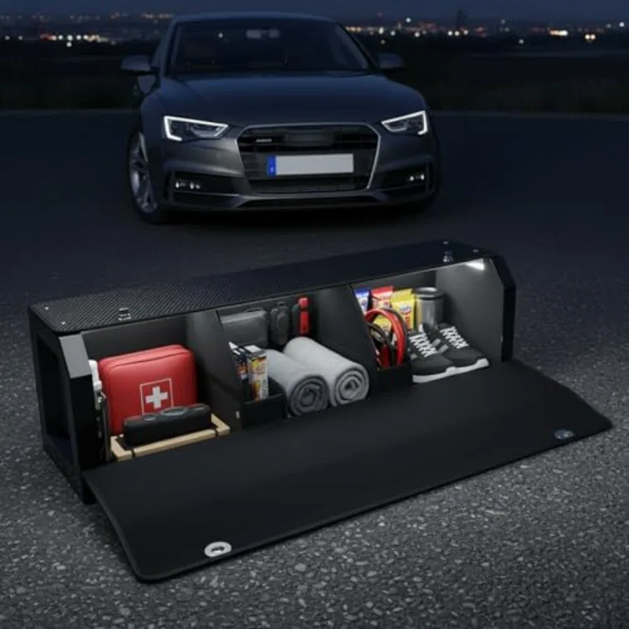 

Органайзер для багажника автомобиля с умной подсветкой для Audi Q7 2016-2025, водонепроницаемый кожаный ящик для хранения с крышкой и выдвижной ручкой