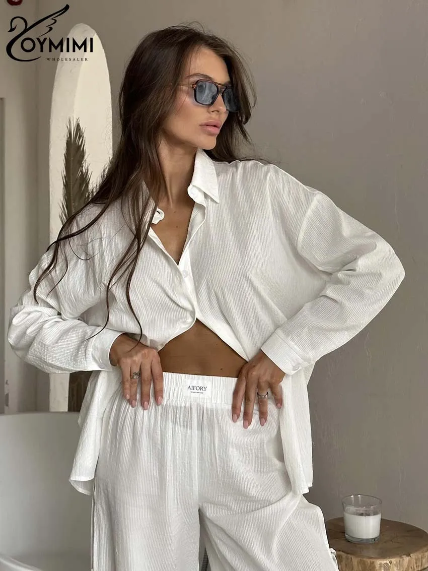 Oymimi Casual White Cotton 2 Piece Sets Women Outfit Fashion Long Sleeve Button Lace-Up Shirts And Straight Side Slit Pants Sets