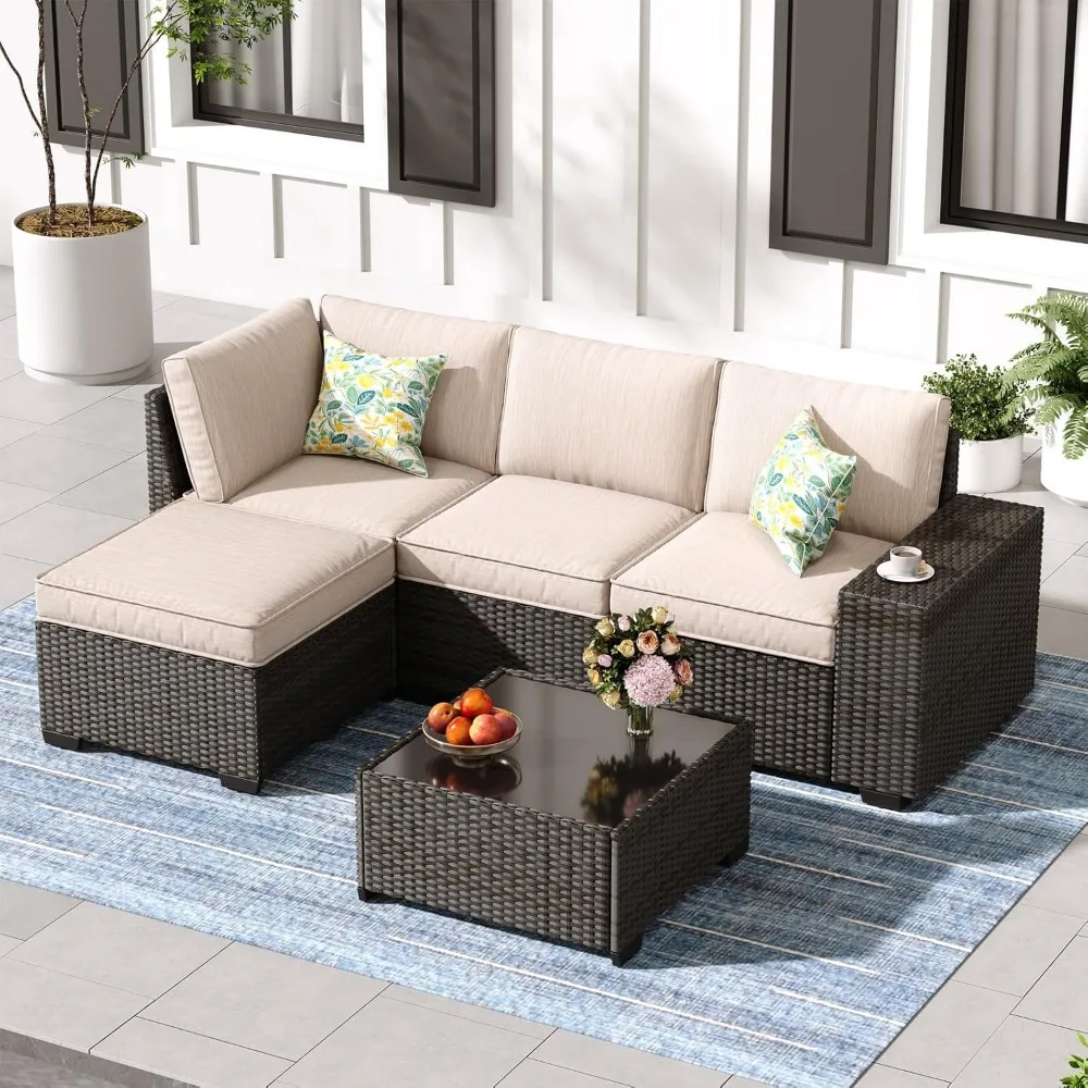 

Jing's Villa 5-Piece Patio Furniture Set, All-Weather Outdoor Wicker Sectional Sofa with Cushions, Tempered Glass Table & Ottoma
